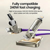 A silver fast charging cable with rotating connectors is shown charging a smartphone.