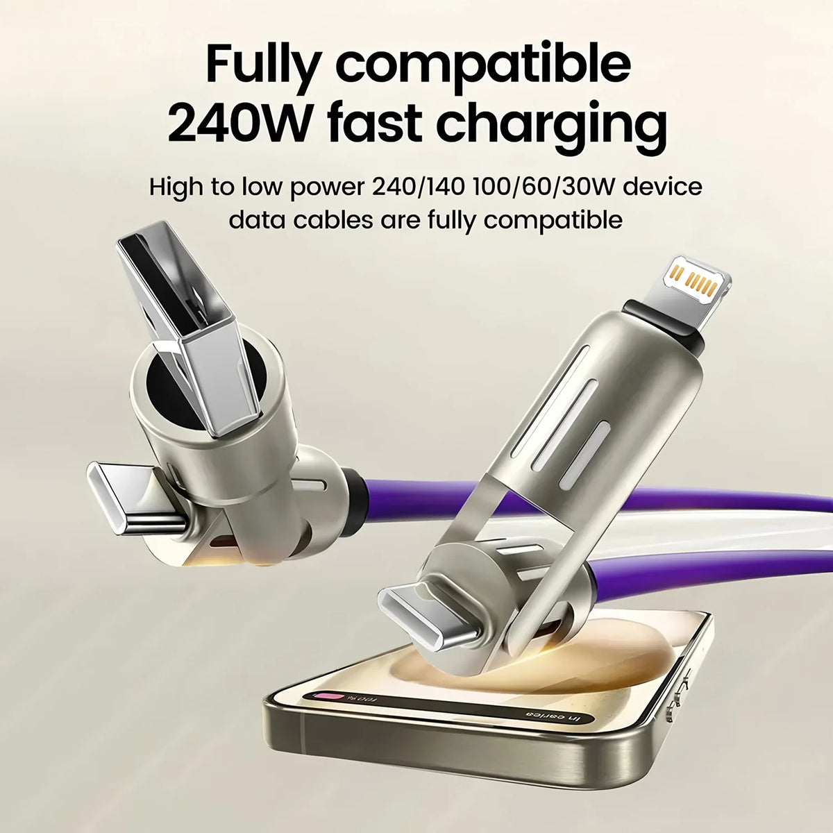 A silver fast charging cable with rotating connectors is shown charging a smartphone.