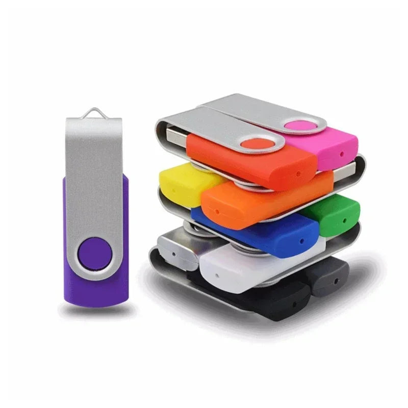 A stack of colorful metal USB 2.0 flash drives in various shades of pink, orange, yellow, blue, and green.