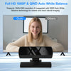 A black HD 1080P webcam is placed in front of a woman sitting in a light-colored sweater.