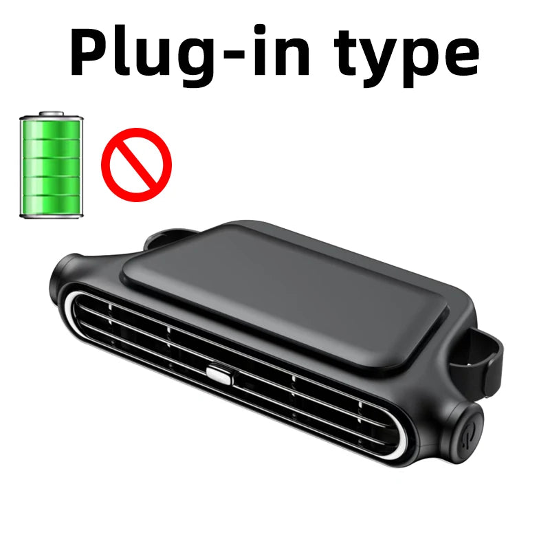 A black portable USB rechargeable car cooling fan with a grille design.