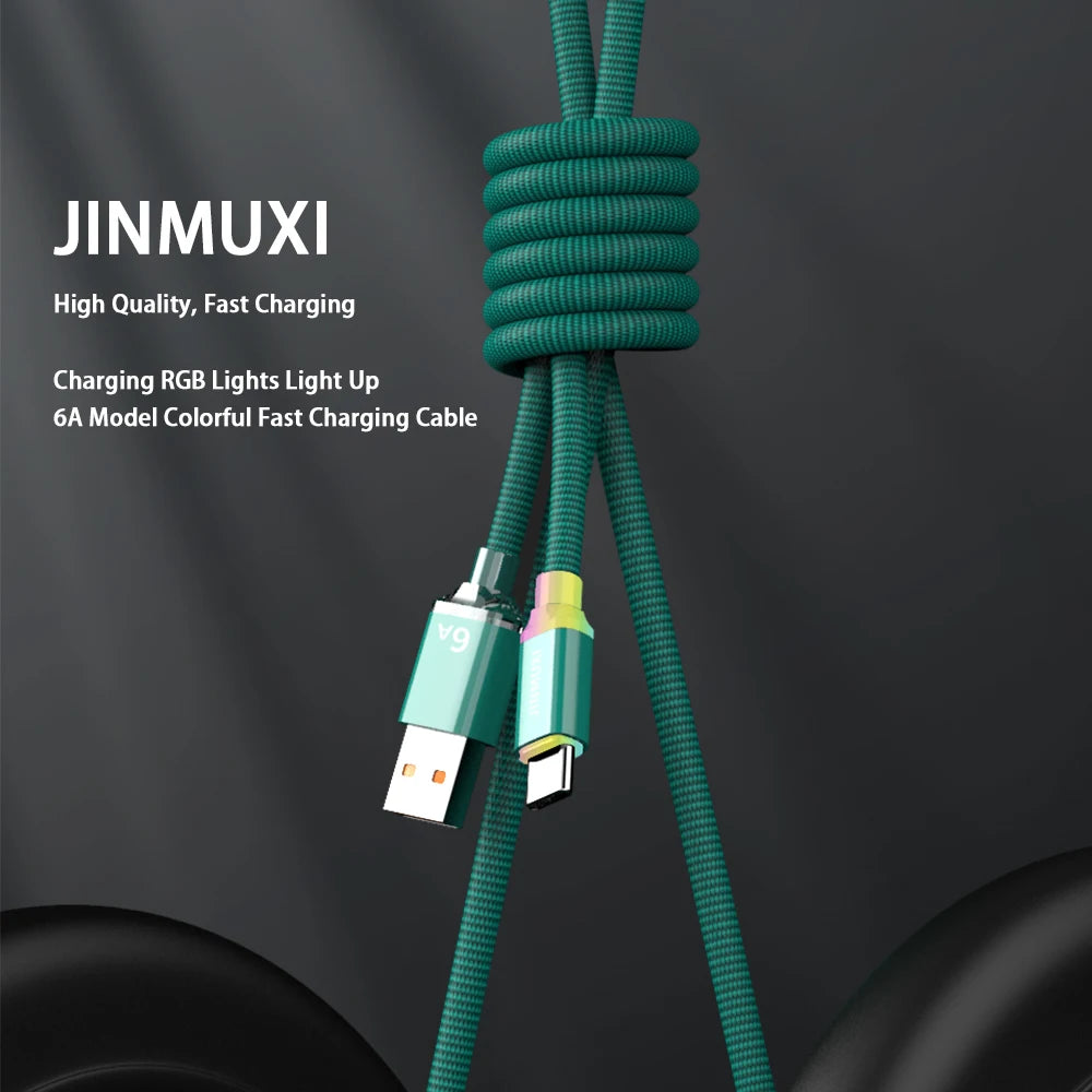 A green braided USB-C fast charging cable with RGB lights is shown against a dark background.