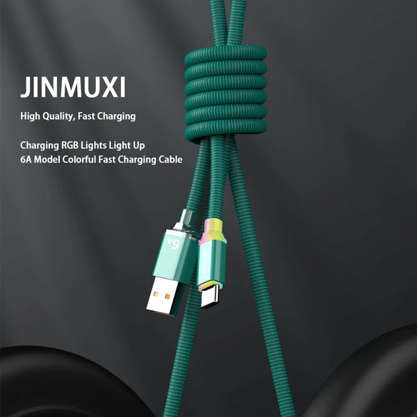 A green braided USB-C fast charging cable with RGB lights is shown against a dark background.