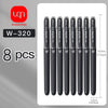 Eight black smooth writing gel pens with 1.0mm tips are displayed next to a measurement scale.
