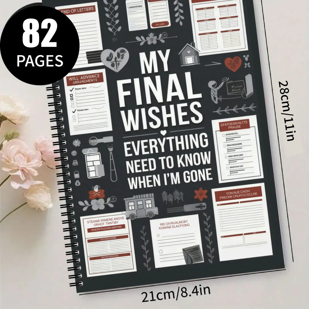 A spiral-bound planner workbook titled My Final Wishes with 82 pages featuring various guided sections and layouts.