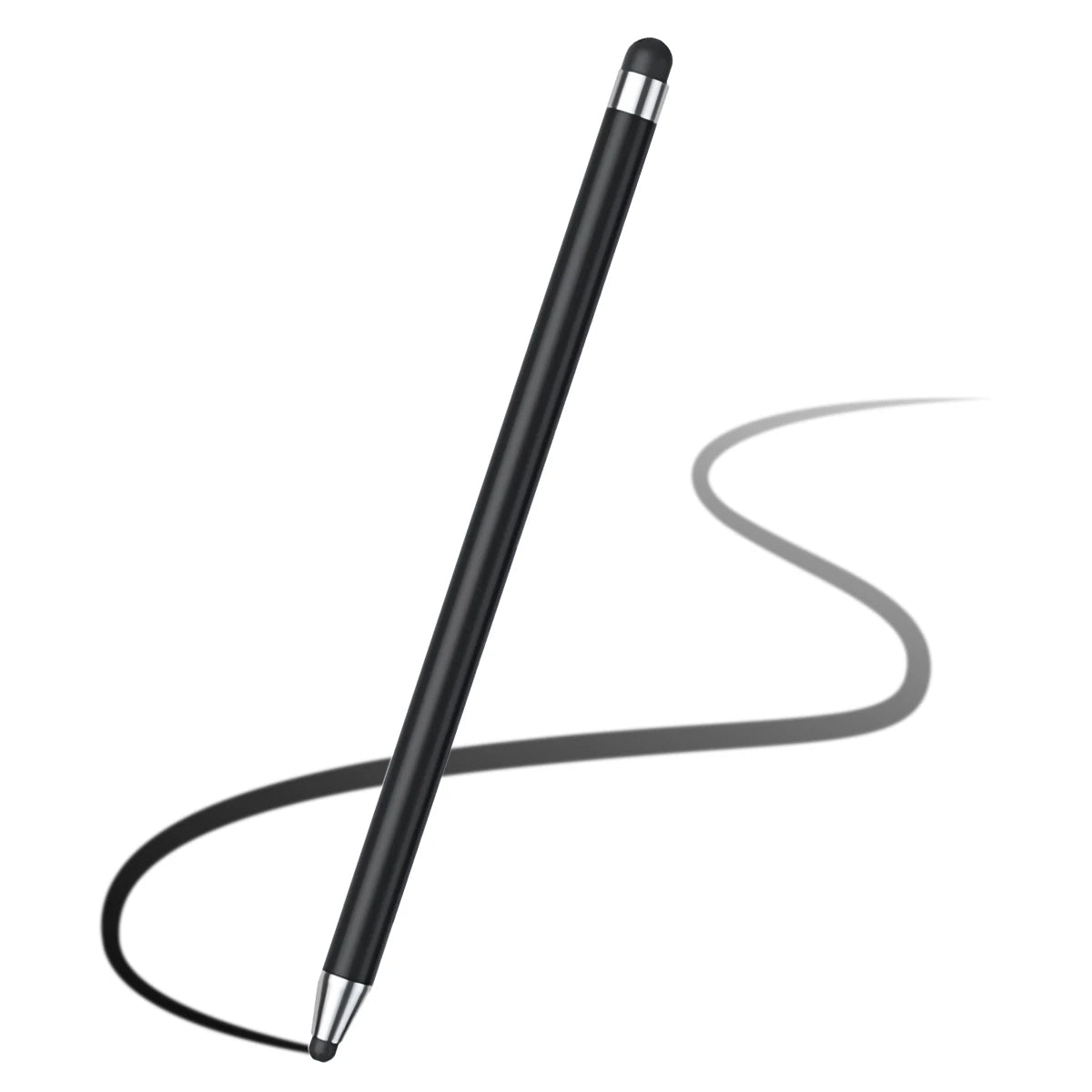 Lápiz stylus capacitivo negro de precisión con una línea curva dibujada a su lado.