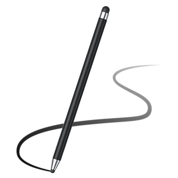 A black precision capacitive stylus pen with a curved line drawn next to it.