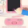 A pink LCD drawing tablet for kids with a screen, a stylus, and a lock/unlock button.