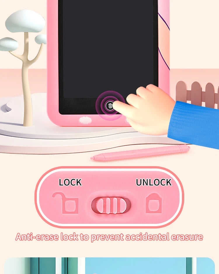 A pink LCD drawing tablet for kids with a screen, a stylus, and a lock/unlock button.