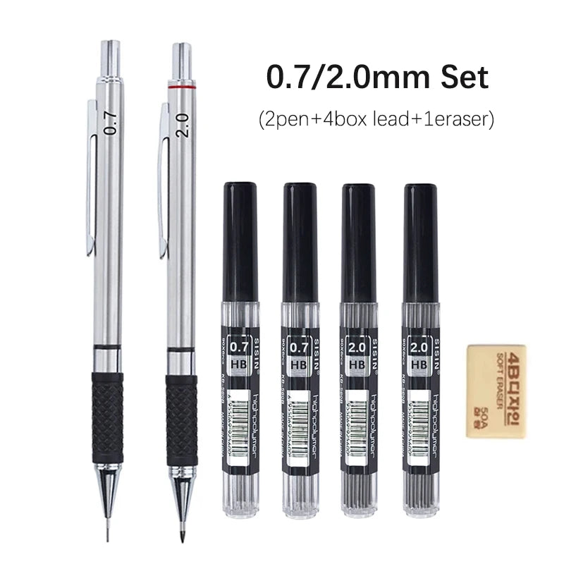 A set of 0.7/2.0mm metal mechanical pencils with HB lead cores and an eraser.