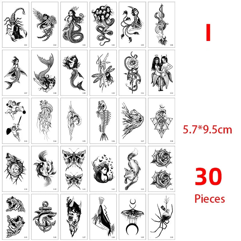 Colección de 30 pegatinas temporales multi-diseño con criaturas y figuras variadas.