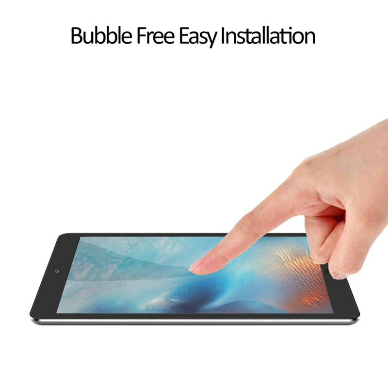 A hand is applying a bubble-free screen protector to an iPad, demonstrating easy installation.