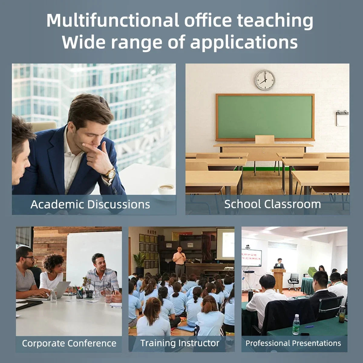 Colección de herramientas profesionales para enseñanza y presentación, incluyendo lápiz óptico, configuración de aula y ambie