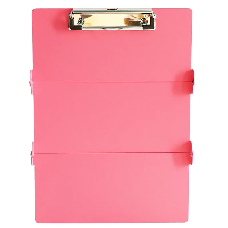 A pink A4 foldable medical clipboard with a silver clasp.