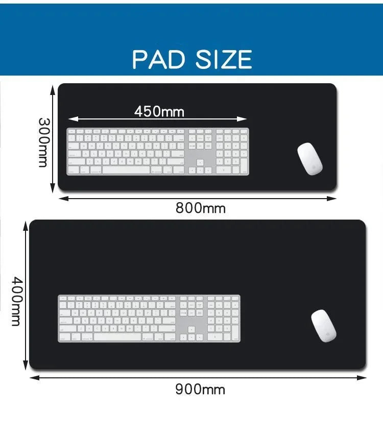 Diagram showing the size of a gaming mouse pad, with dimensions for 450mm and 800mm and 900mm pads.