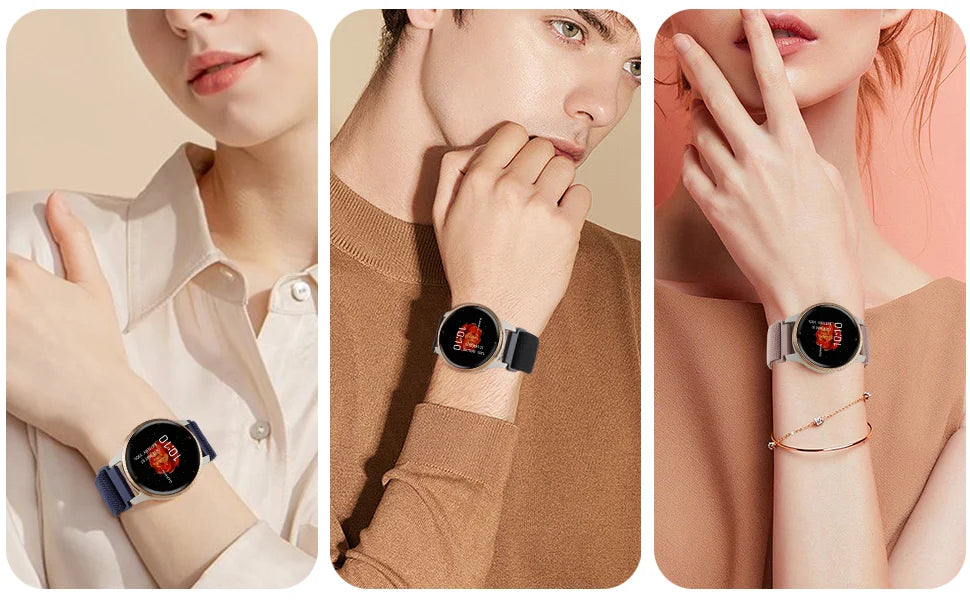 Close-up shots of an adjustable elastic sports band worn on a wrist with various skin tones and clothing.