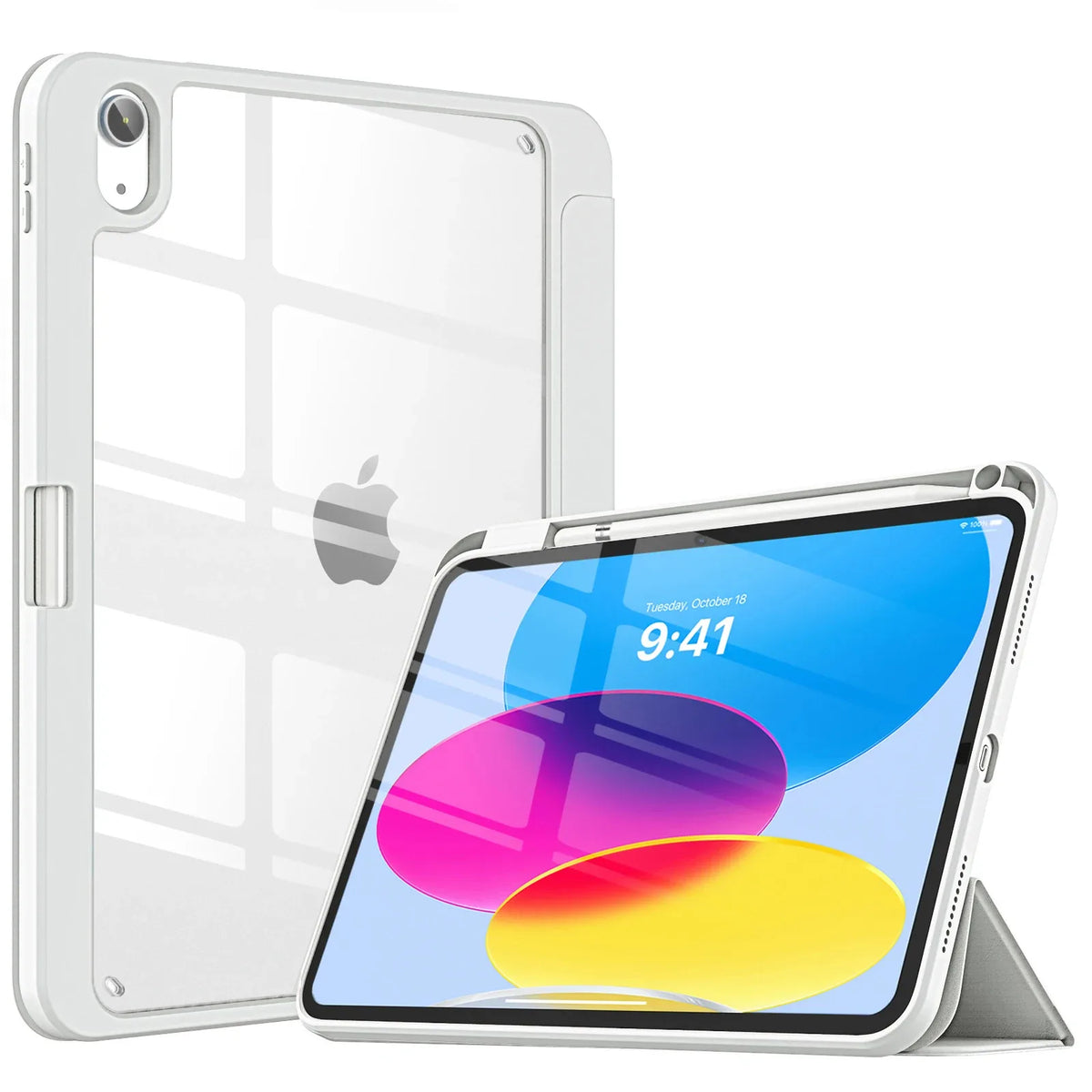 A white premium hybrid case for an iPad 10th generation tablet is shown next to the device.