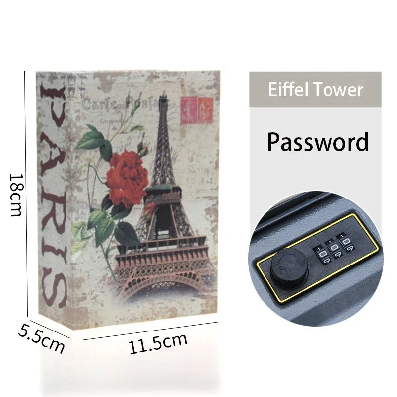 A small lock safe box with a Parisian theme and an Eiffel Tower design, featuring a password mechanism.