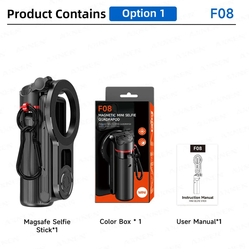 Magnetic Mini Selfie Quadrapod stick in black shown with its box and instruction manual