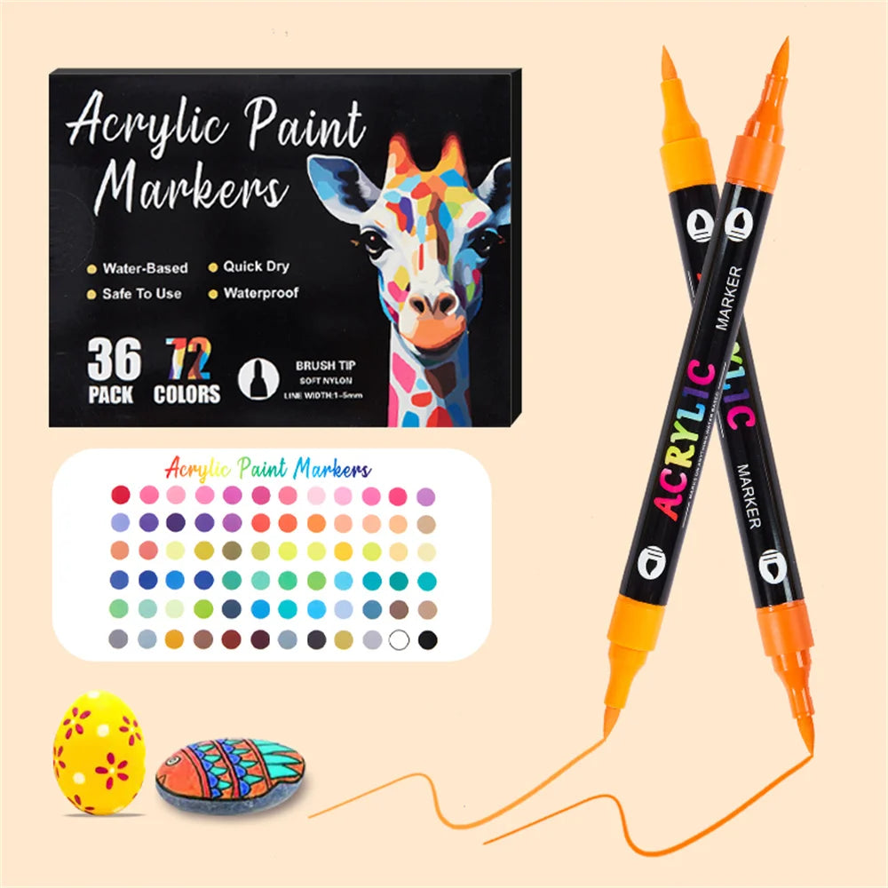 A set of 36-color acrylic paint markers, including a box and individual markers, displayed next to eggs and a stone.