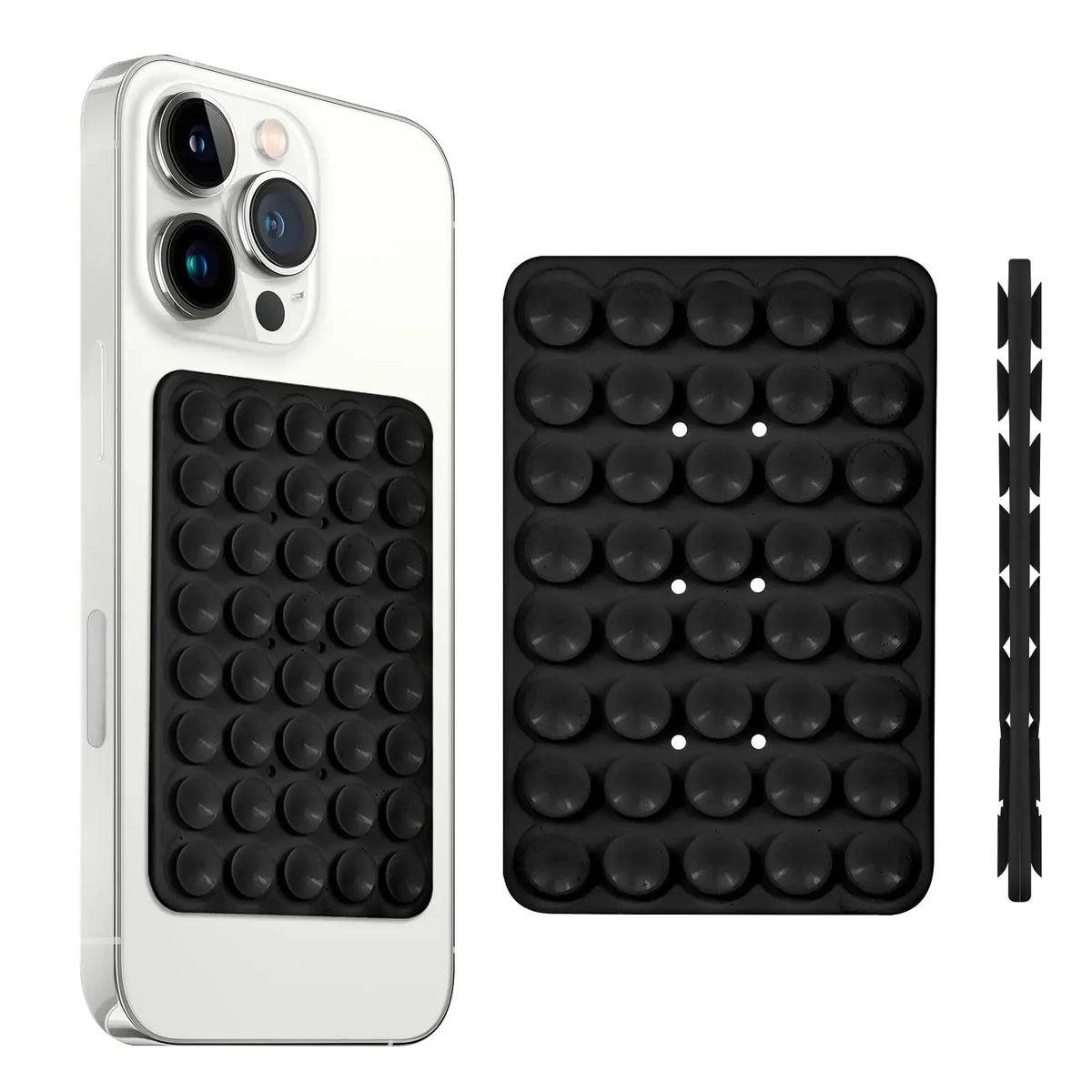 Un smartphone blanco con soporte de ventosa y un agarre de silicona negra.