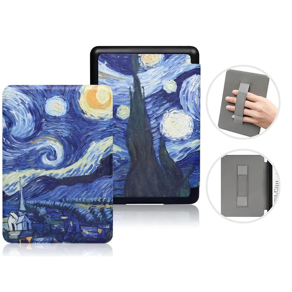A premium leather case for a Kindle Paperwhite shows a night sky design on the cover and a gray protective sleeve.