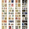 A display of vintage stamp tape stickers organized by category including nature, plants, and various historical themes.