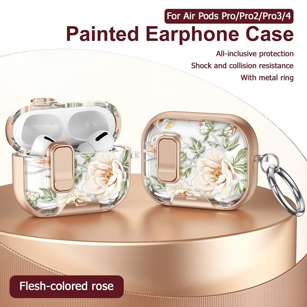 Estuche de audífonos de silicona rosa con diseño floral, apoyado en un soporte dorado.