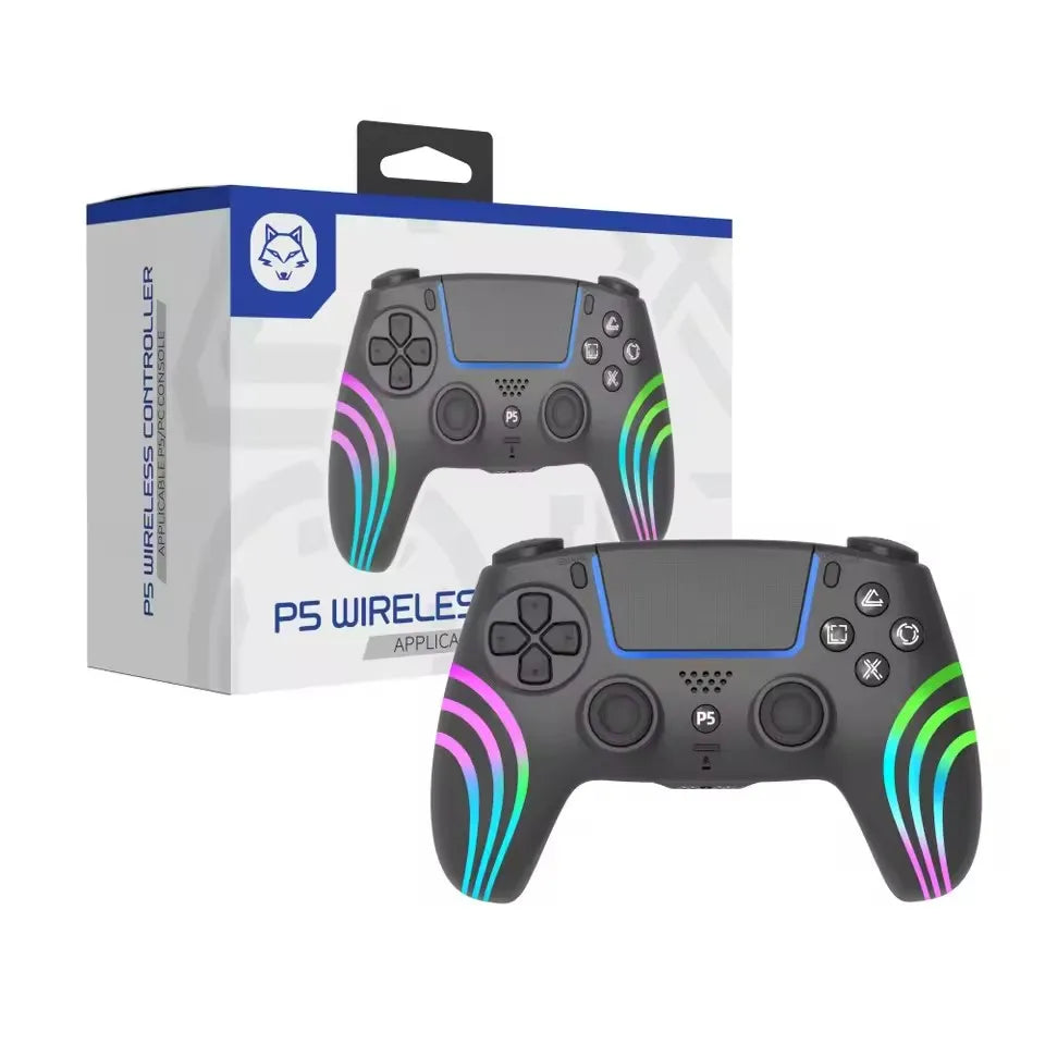 A black and pink PS5 compatible Bluetooth game controller with RGB lighting shown next to its packaging box.