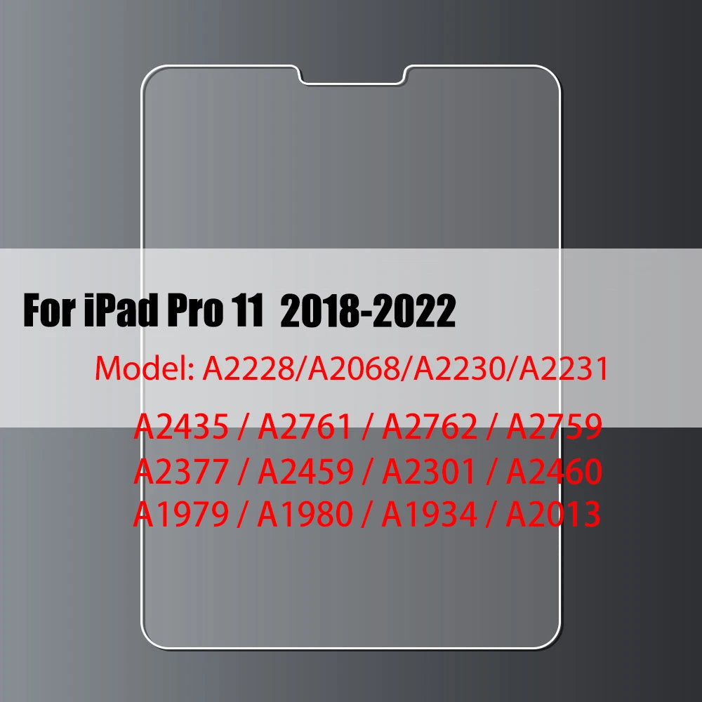 A transparent tempered glass screen protector for iPad Pro 11 models from 2018 to 2022