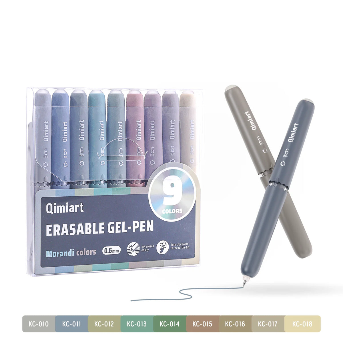 A set of nine Qimiart erasable gel pens in various colors displayed next to a single pen.