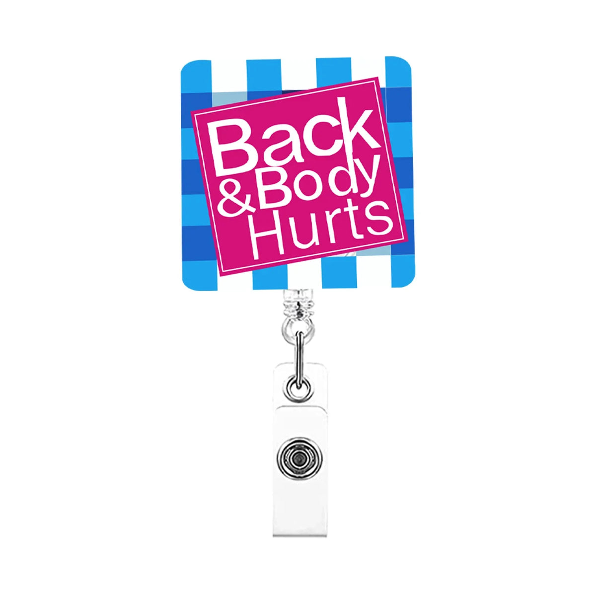 A clear acrylic nurse ID badge holder with a silver chain and loop.