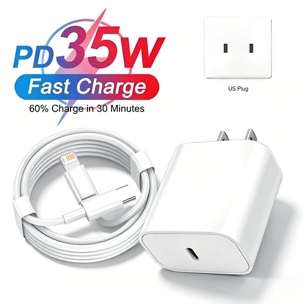 A white 35W PD fast charging cable and plug are shown next to a US wall adapter.
