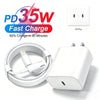 A white 35W PD fast charging cable and plug are shown next to a power outlet.