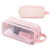 A pink transparent pencil case with a zipper and a strap is shown in two views.