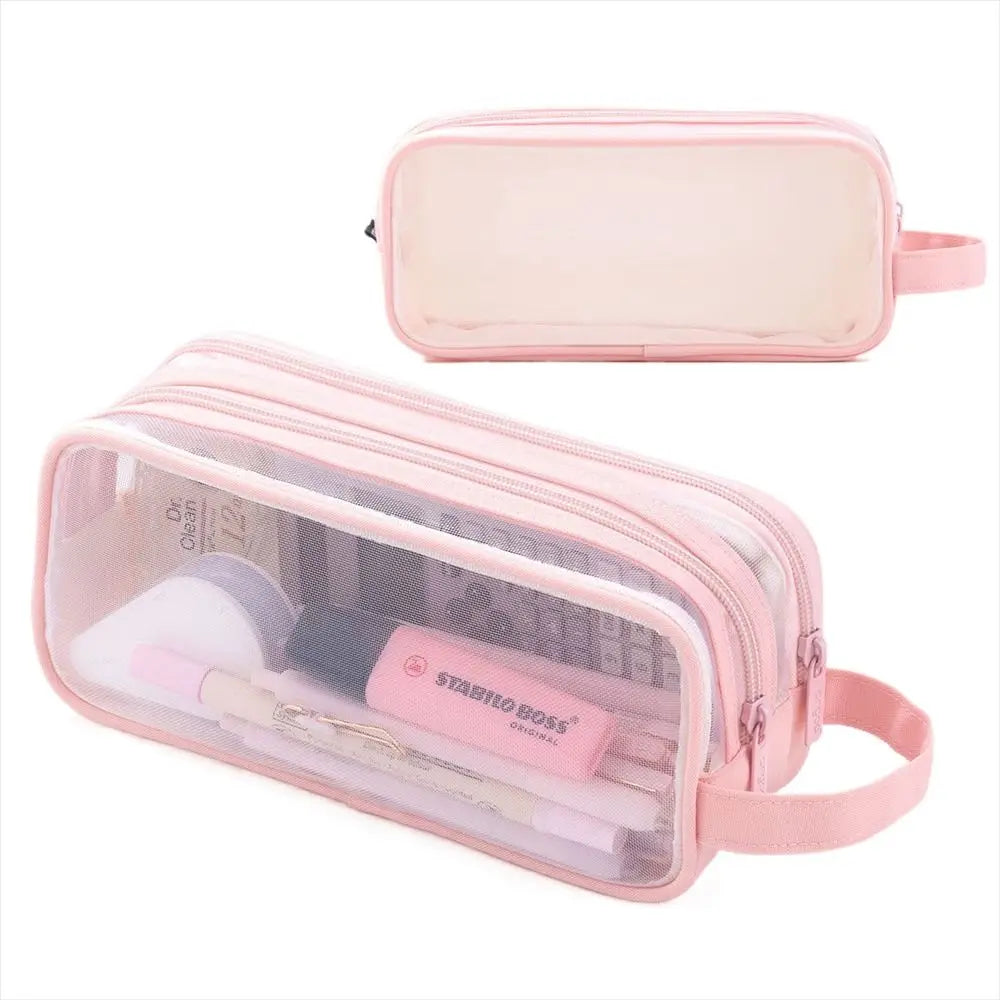 A pink transparent pencil case with a zipper and a strap is shown in two views.