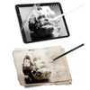 A matte PET screen protector film is shown alongside a digital drawing on paper.