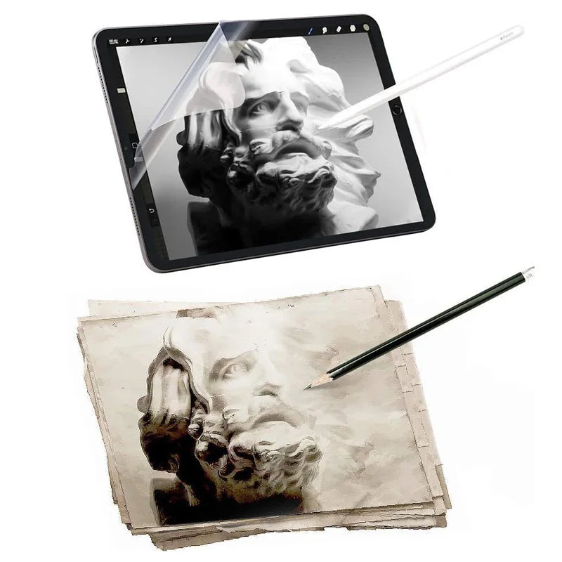A matte PET screen protector film is shown alongside a digital drawing on paper.