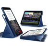 A blue magnetic folio case for an iPad Air is shown in three views, including a stand and a protective cover.