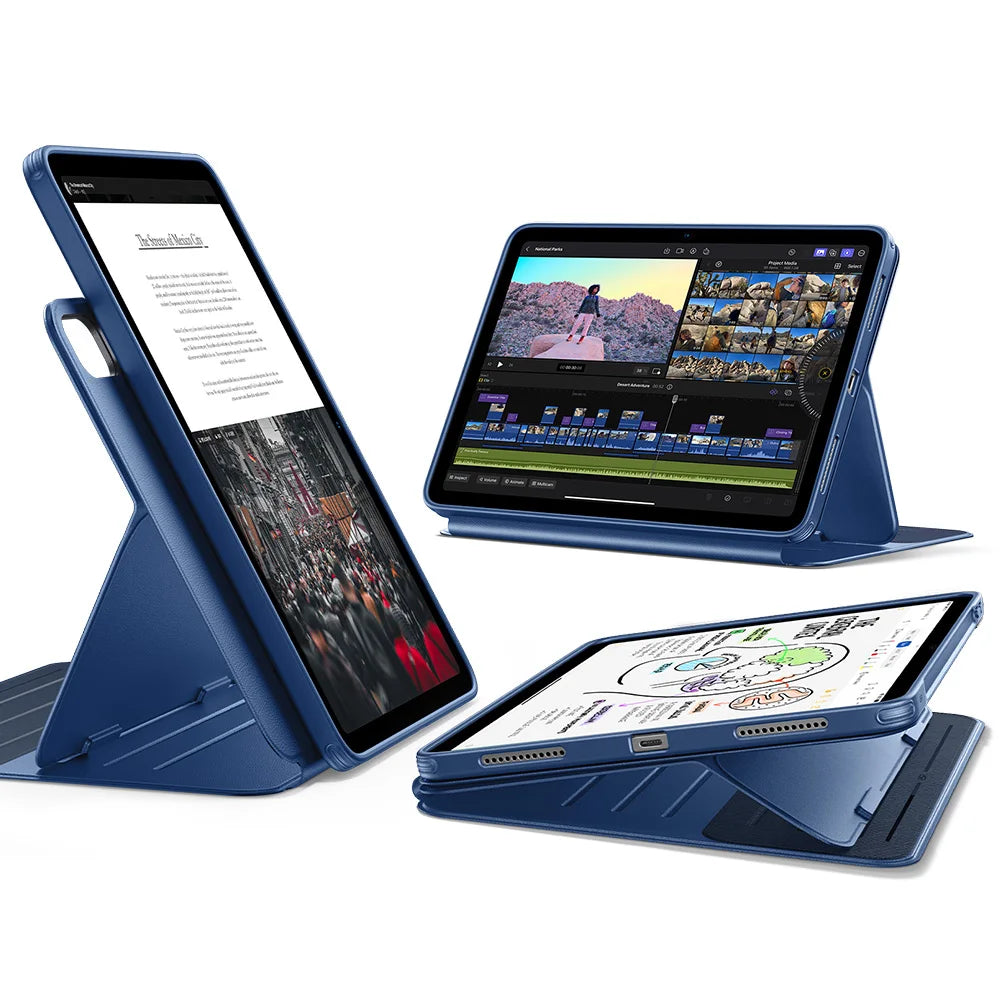 A blue magnetic folio case for an iPad Air is shown in three views, including a stand and a protective cover.