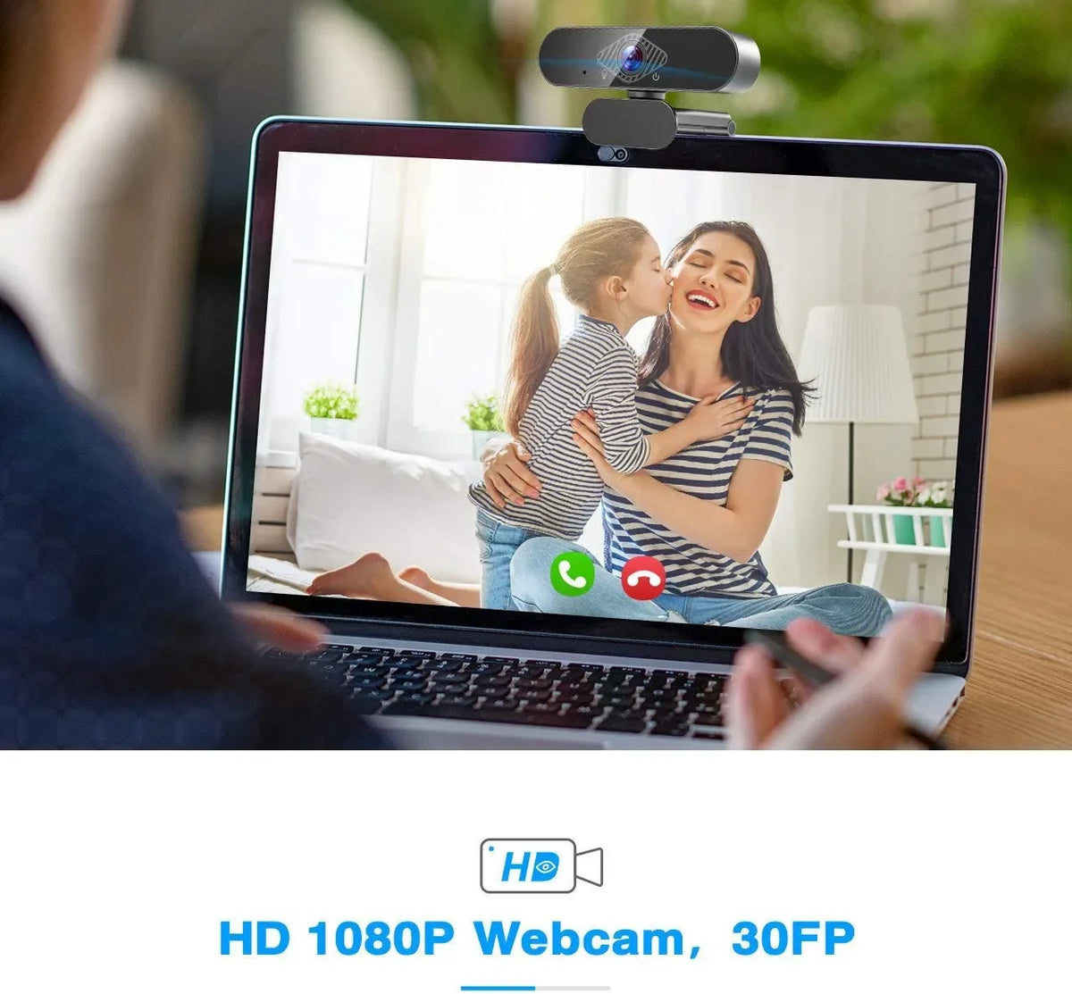 جهاز كمبيوتر محمول يعرض مكالمة فيديو تظهر شخصين، مع كاميرا ويب بدقة 1080P في الأعلى.