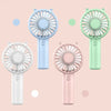 Four mini handheld fans in various pastel colors, including blue, green, pink, and white.