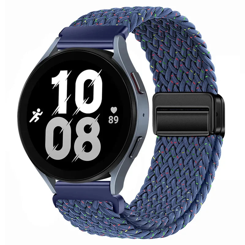 Dunkelblaue gewebte magnetische Armbanduhr für eine Smartwatch mit schwarz-silberner Anzeige.
