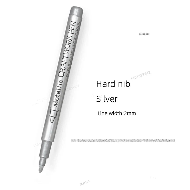A silver metallic brush pen marker with a hard nib shown diagonally.