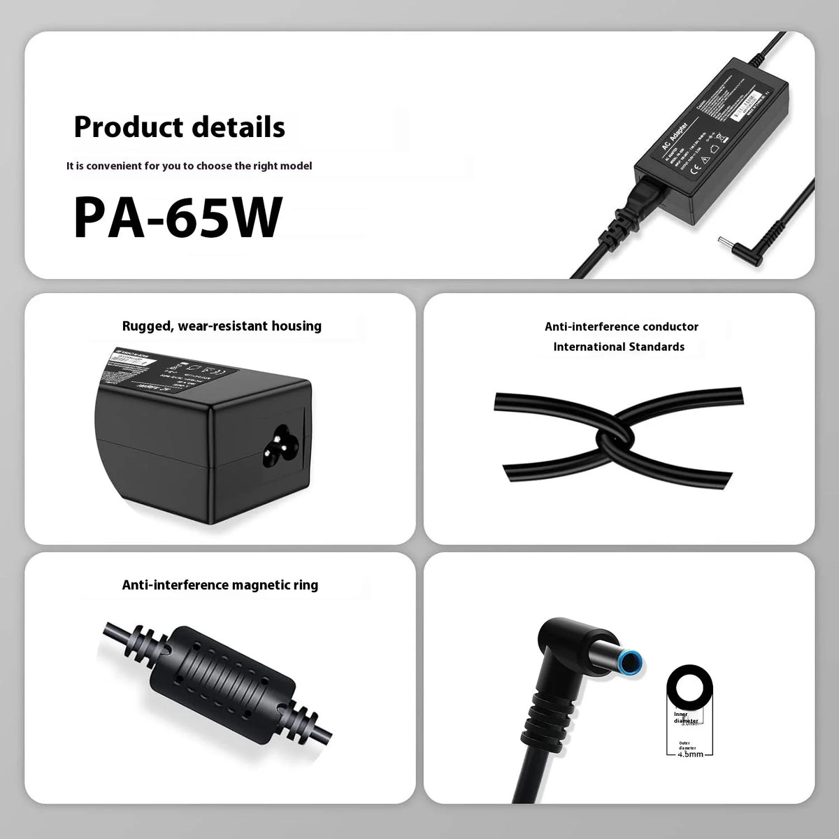 A black universal laptop power adapter with a connector and a magnetic ring component.