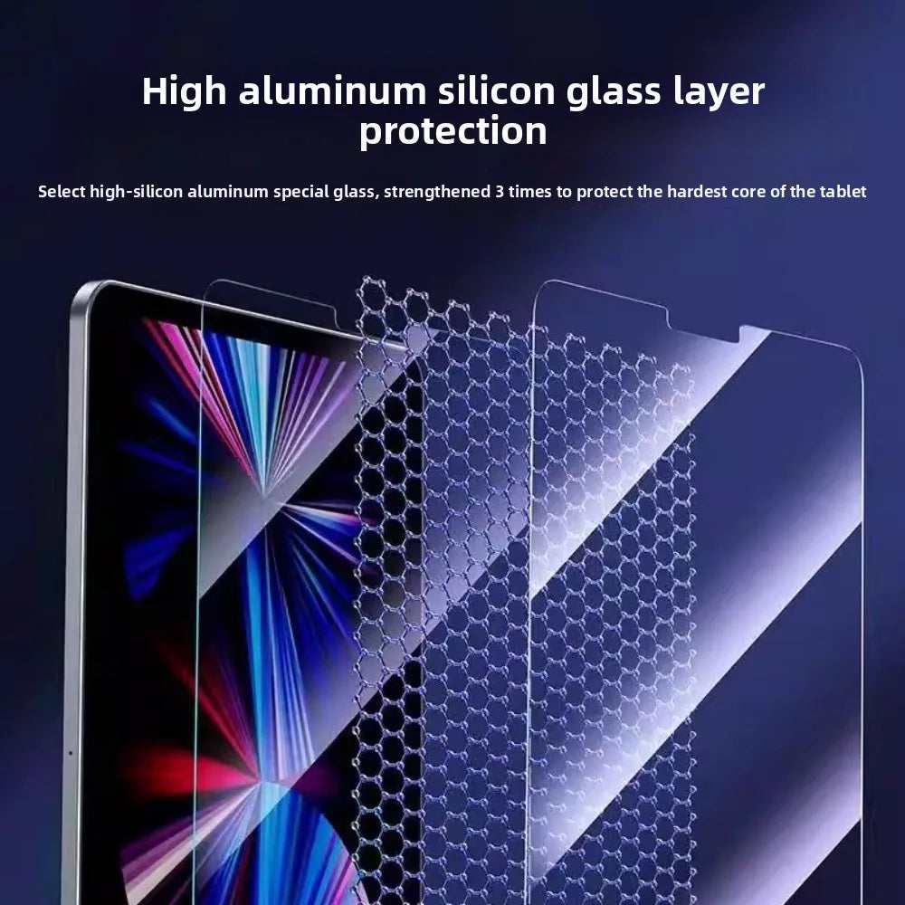 Close-up view of a tablet screen protected by a high aluminum silicon glass layer for enhanced protection