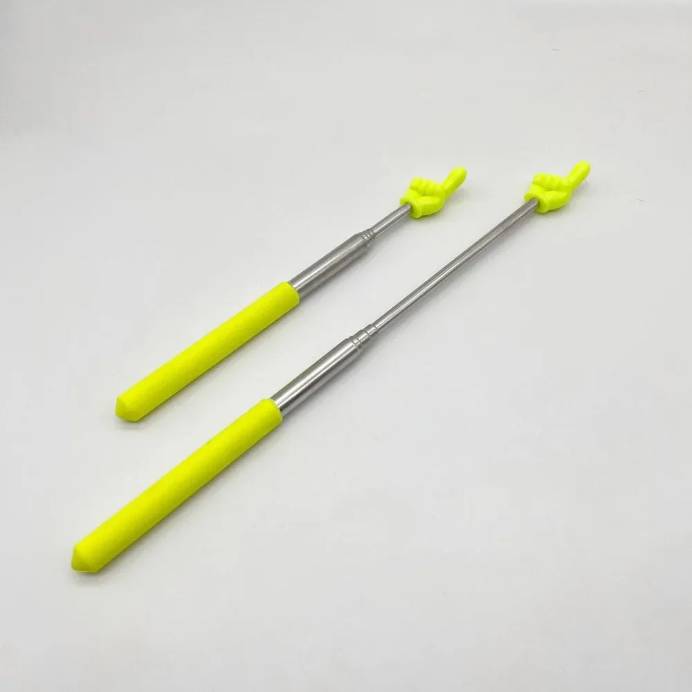 A telescopic stainless steel teaching pointer with a yellow handle and green tip.