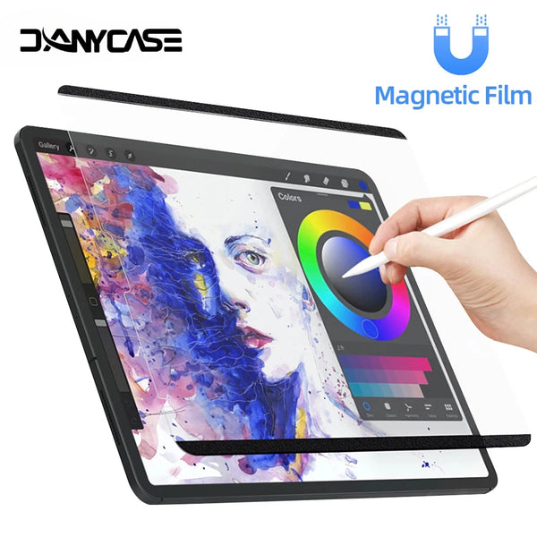 A hand writes on a tablet screen protected by a magnetic film, showcasing vibrant colors.