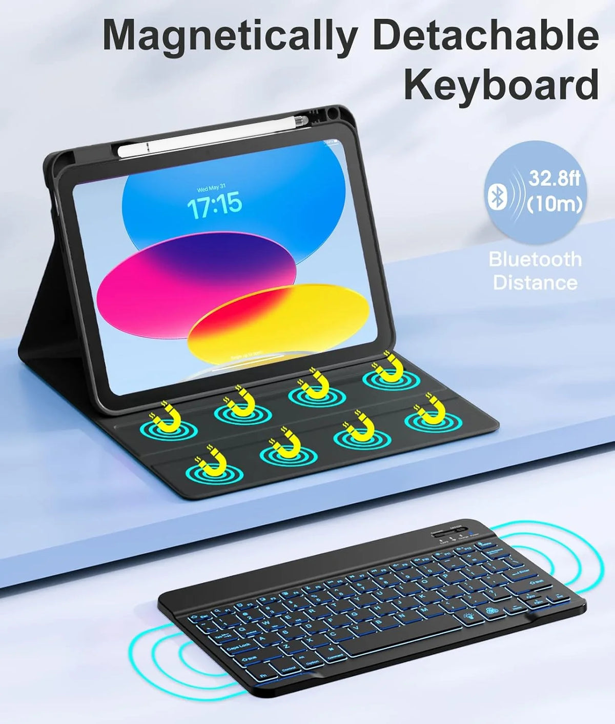 A black magnetically detachable keyboard is shown with an iPad, demonstrating a 32.8ft Bluetooth distance.