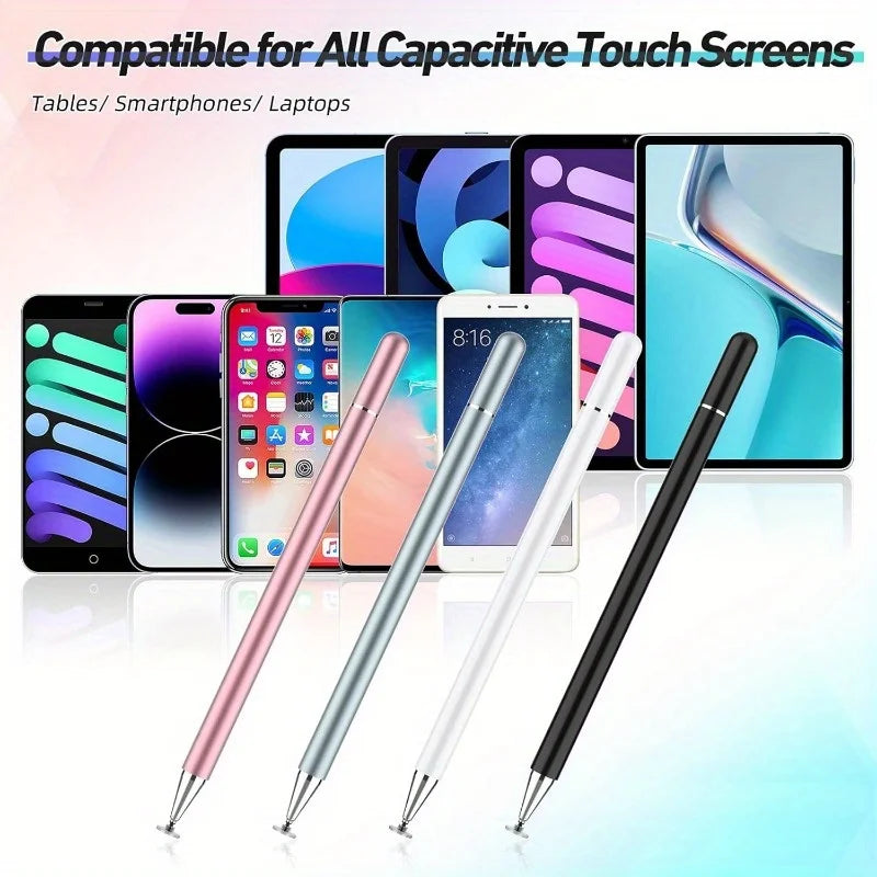 Ein Set aus vier Präzisionsmetall-Styli in rosa, silber, weiß und schwarz neben verschiedenen kapazitiven Touchscreens